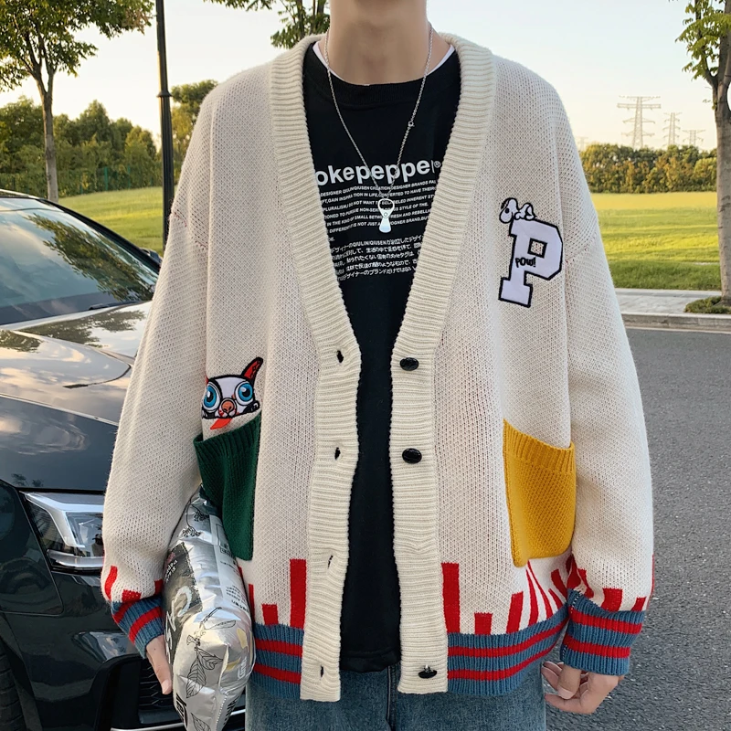 Autumn Hong Kong style neutral sweater men and women loose woolen sweater Korean small coat