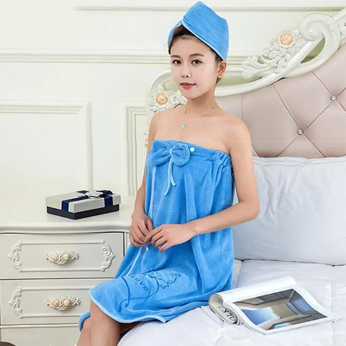 Women Bath Skirt Shower Cap Set Soft Bowknot Quick Dry Wearable Wrap Towel