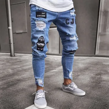 

Men Stretchy Ripped Skinny Biker Embroidery Print Jeans Destroyed Hole Taped Slim Fit Denim Scratched