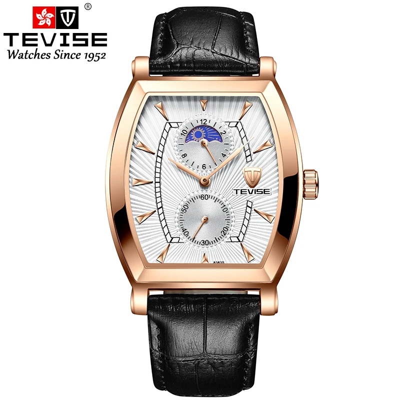 TEVISE 8383S мужские часы Moon Phase настоящие водонепроницаемые кварцевые часы с кожаным ремешком Мужские повседневные наручные часы Relogio Masculino - Цвет: gold white