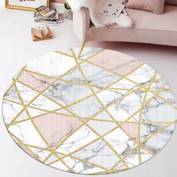 

Abstract Marble Round Carpet Living Room Geometric Golden Stripe Anti-Slip Floor Mat Bedroom Computer Chair Hang Basket Area Rug