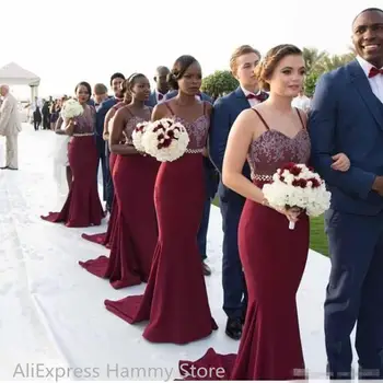

Sexy Burgundy Long Mermaid Bridesmaid Dresses Spaghetti Straps Lace Appliques Beading Belt Bohemia Maid of Honor Dress Party Go