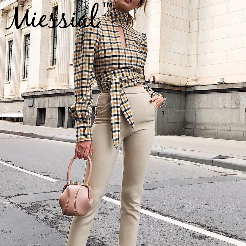  Miessial Plaid hollow out elegant blouse shirt Women long sleeve blackless vintage shirt tops Femal