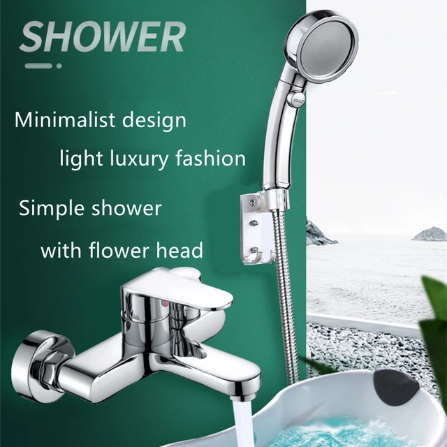 ก๊อกน้ำอ่างอาบน้ำทองเหลืองโครเมียม - วาล์วผสมน้ำร้อน/น้ำเย็นแบบติดผนัง พร้อมชุดฝักบัวฉีดปรับระดับได้สำหรับห้องน้ำ 1