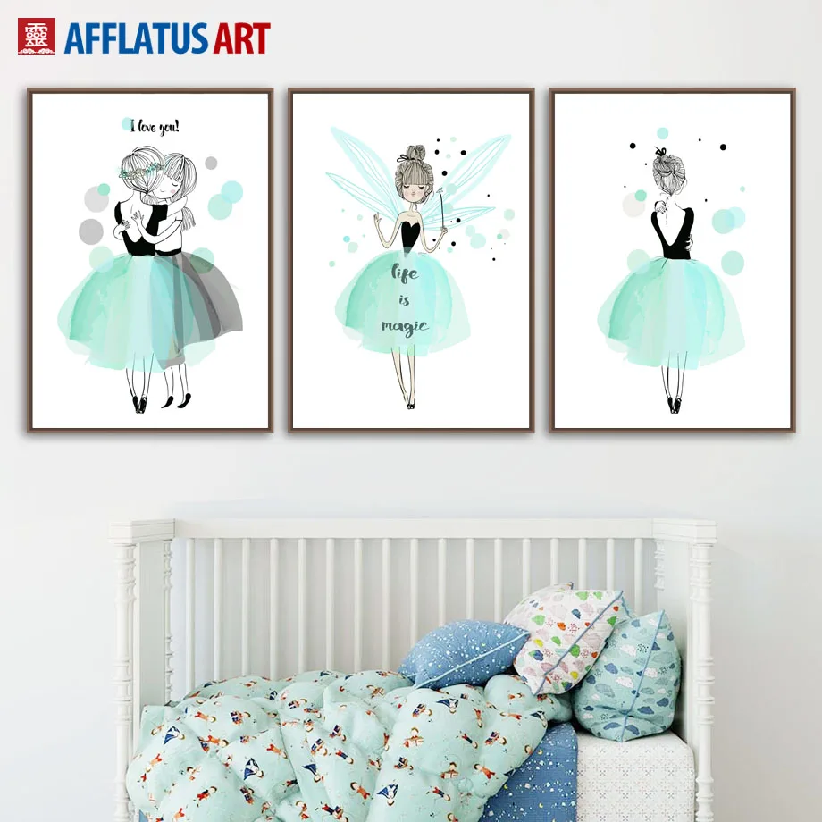 

Cartoon Blue Dancing Girl Love Quotes Nordic Posters And Prints Wall Art Canvas Painting Nursery Wall Pictures Kids Room Decor