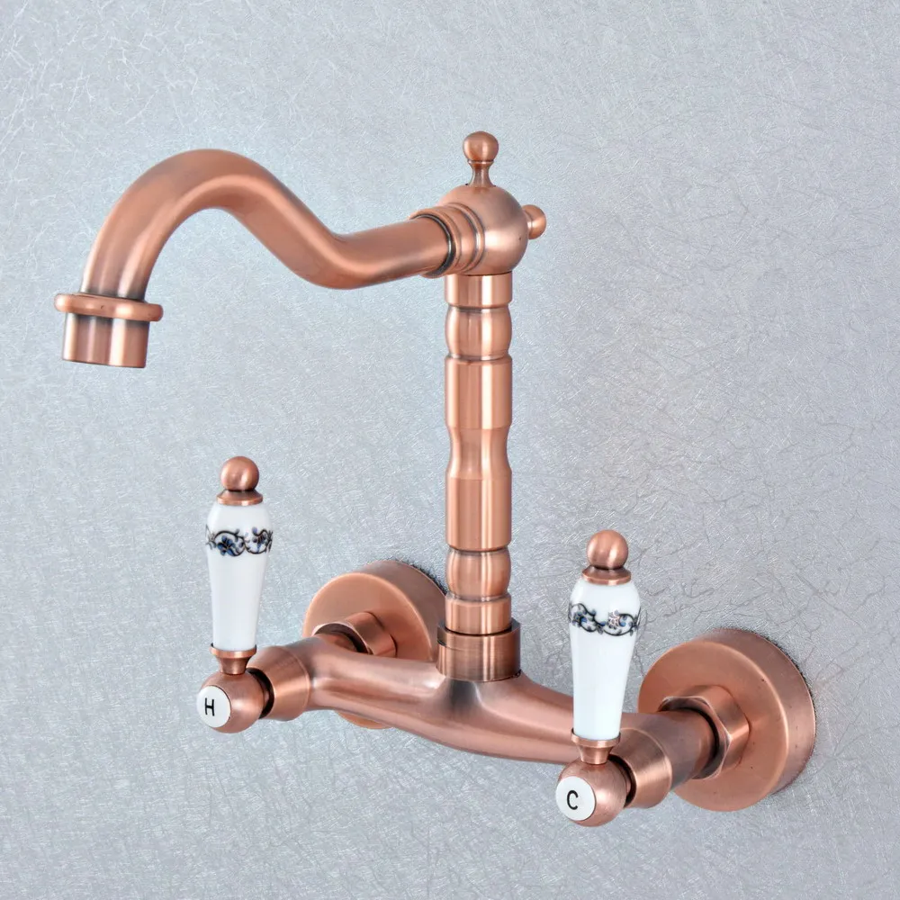 

Bathroom Faucet Antique Red Copper Kitchen Mixer Tap Faucet Wall Mounted Dual Handle Hot And Cold Taps Nsf877