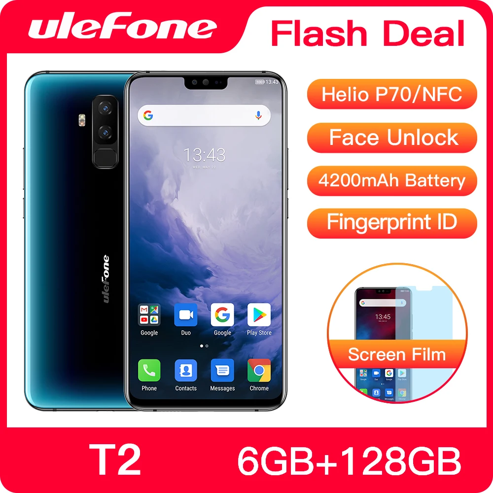  Ulefone T2 Smartphone Android 9.0 Dual 4G Cell Phone 6GB 128GB NFC Octa-core Helio P70 4200mAh 6.7