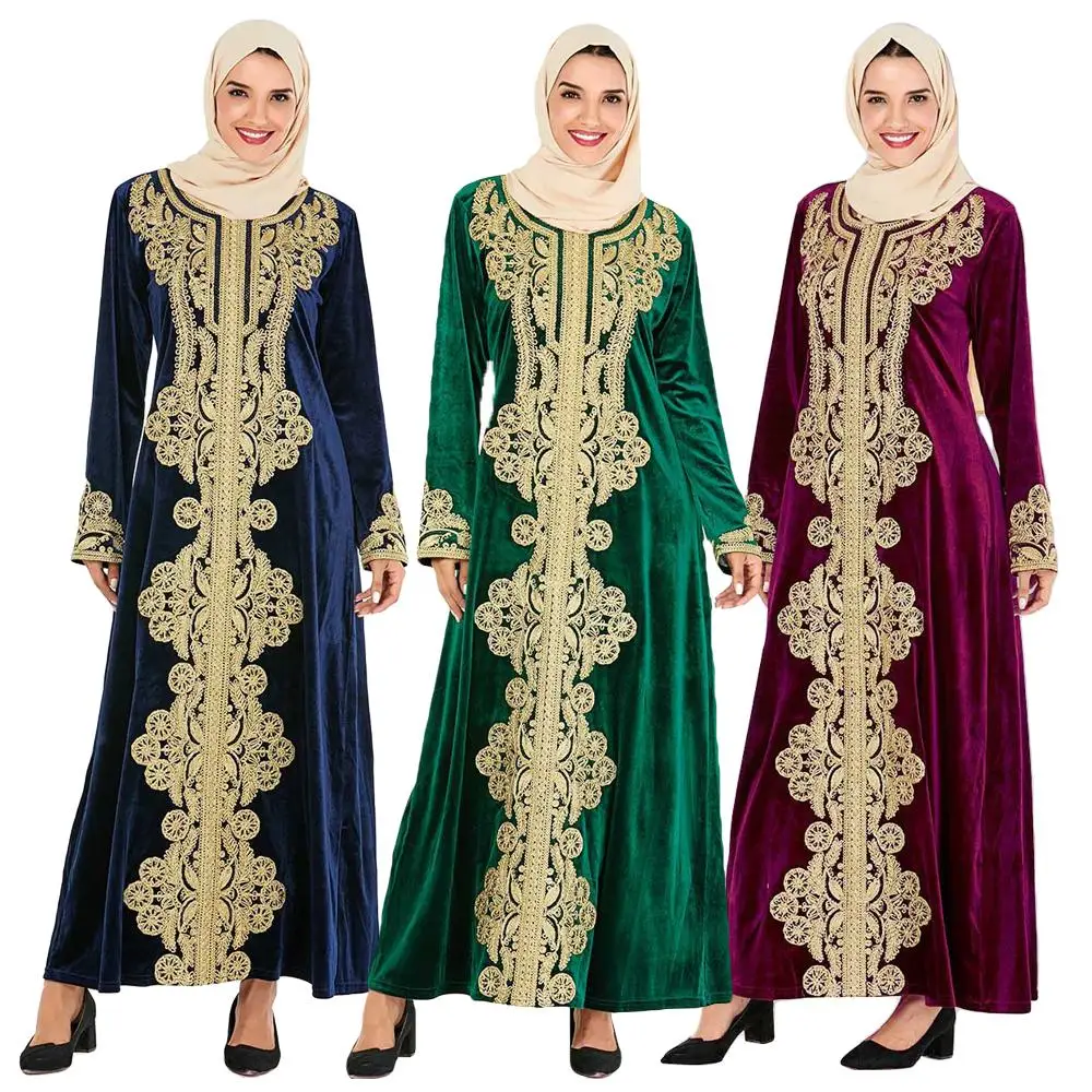 Новый бархат abaya Дубайский мусульманский женское платье с длинными рукавами