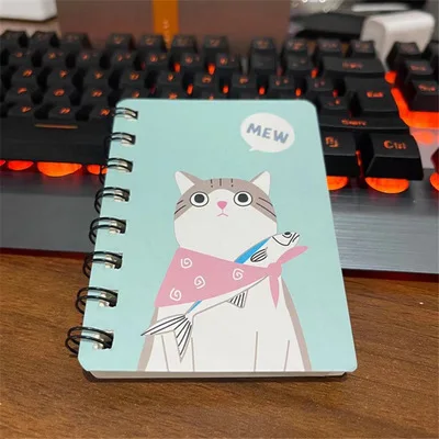 80Page A7 Korea Cartoon Anime Coil Notebook Small Notepad Animal Rollover Office School Learn Supplies Mini Kawaii Diary Journal 1603 cat blue