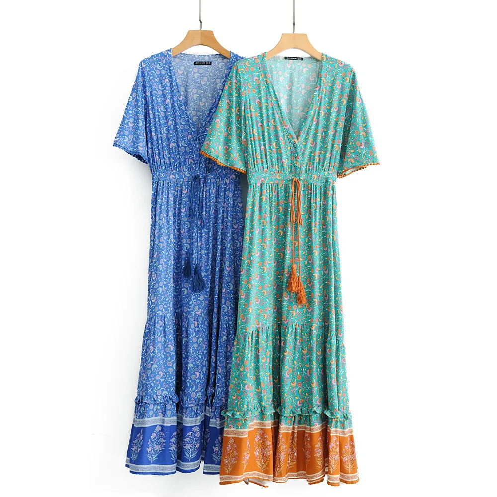 

Boho Inspired Blus Floral Maxi Dress V-neck Button Down Lace Trim 2020 Spring Summer Dress Tassel Tied Waist Long Women Dresses