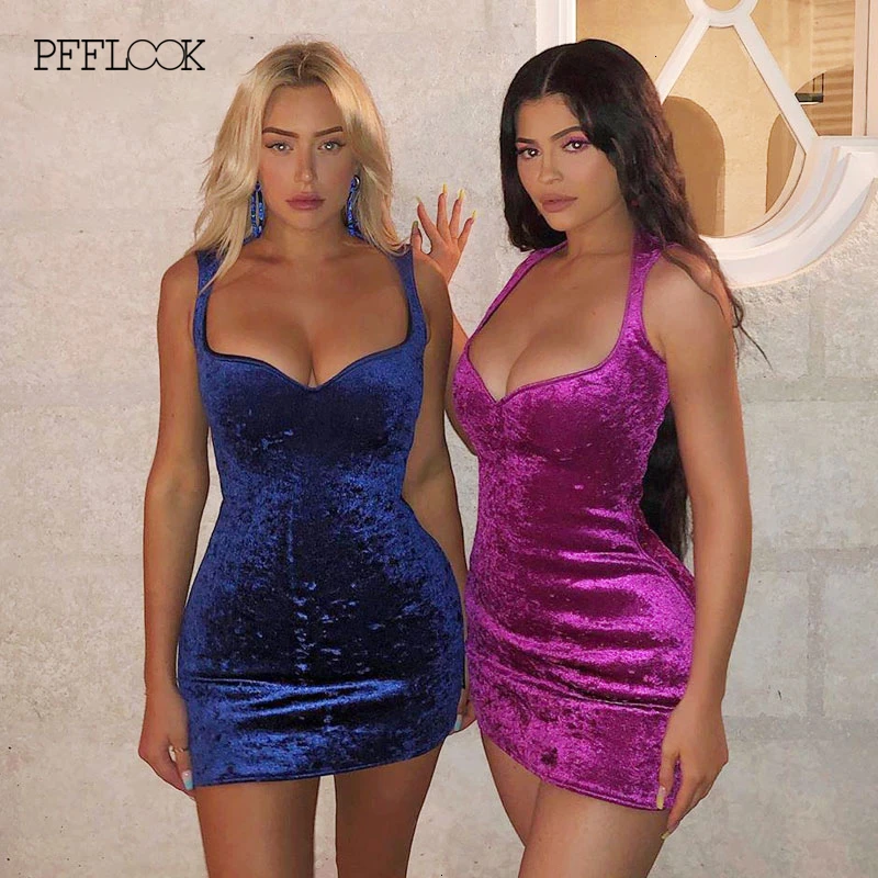 

PFFLOOK Autumn Women Velvet Sexy Dress Bodycon Spaghetti Strap V-Neck Mini Party Dresses Club Vestidos Elegant Female Dress 2019