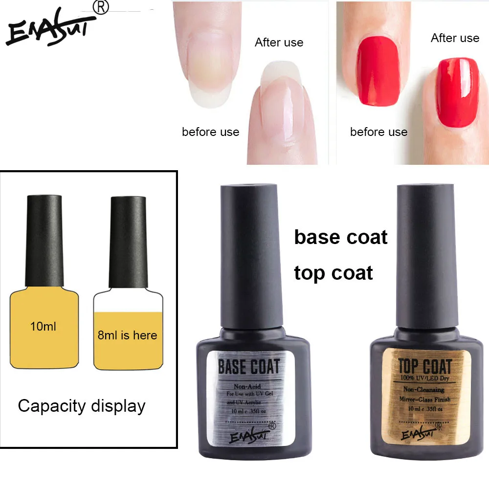 ENASUI 12ml Nail Art Polish Nails Primer long lasting bright Lacquer Non Cleansing Soak off Top and Base Coat Set