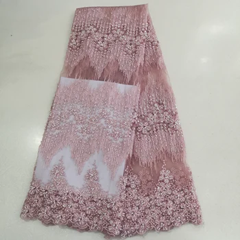 

new design handmade beaded embroidery lace fabric coral peach color elegant style for lady dress in big day pretty high class