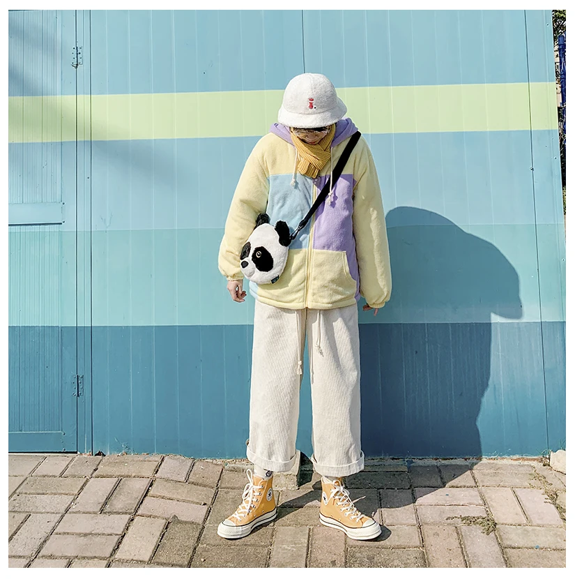 Winter New Preppy Style Macaron Color Stitching Sweet Women Winter Basic Jackets Thick Warm Flannel Outwear Coats Hooded