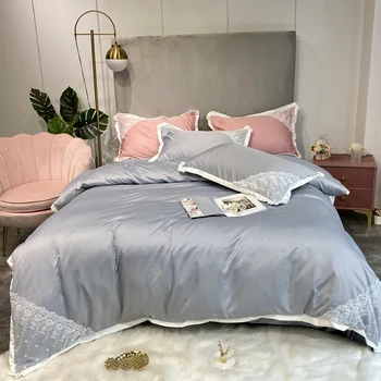 

2020 New Glossy Satin Lace Bedding Set Smooth Lustrous Duvet Cover Set Bed Sheet Pillowcases Queen King size 4pcs