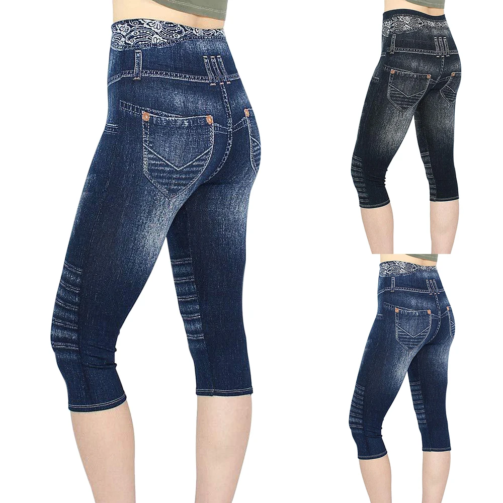 Leggins vaqueros falsos con estampados elásticos para mujer, pantalones cortos de talla grande hasta la pantorrilla, Jeggings de cintura alta