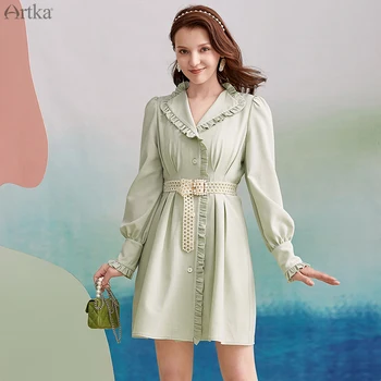 

ARTKA 2020 Early Autumn New Women Dress Vintage Elegant Ruffles V-Neck Green Dress Lantern Sleeve Single-breasted Dress LA20107Q