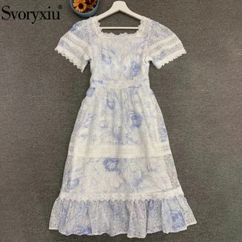 

Svoryxiu Fashion Designer Summer Women Square Collar Print Vintage Holiday Dresses Ladies Hollow Out Embroidery Midi Dress