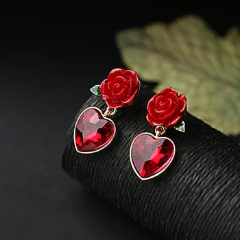 

Sexy Vivid Rose Flower Exquisite Glass Red Heart Gold Color Drop Earrings For Women Gifts Fashion Jewelry Wholesale