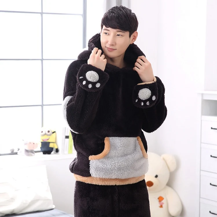 cotton loungewear Winter Couple Long Sleeve Hooded Cute Cartoon Thick Warm Flannel Pajama Set for Men Coral Velvet Sleepwear Pyjama Women Homewear cotton pj set