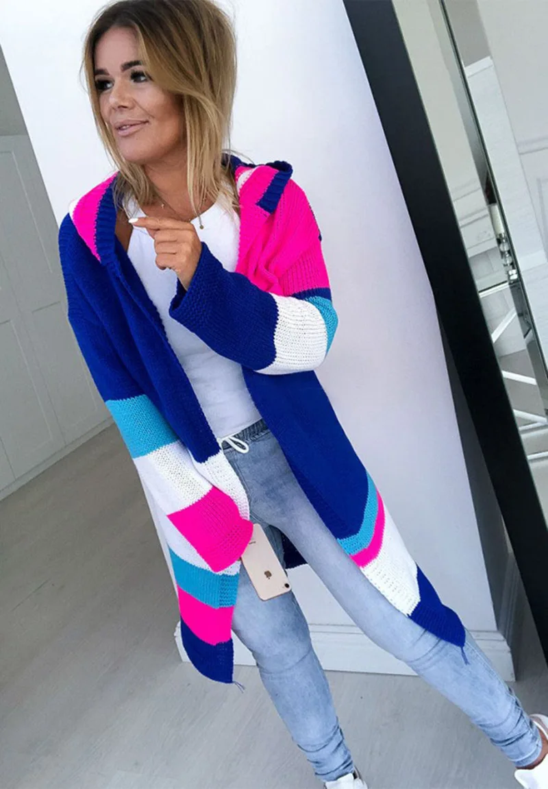 Multicolored Panelled Stripes Women Knitted Sweaters Hooded Long Sleeves Loose Long Knitting Cardigan Coats Girls Casual Sweater