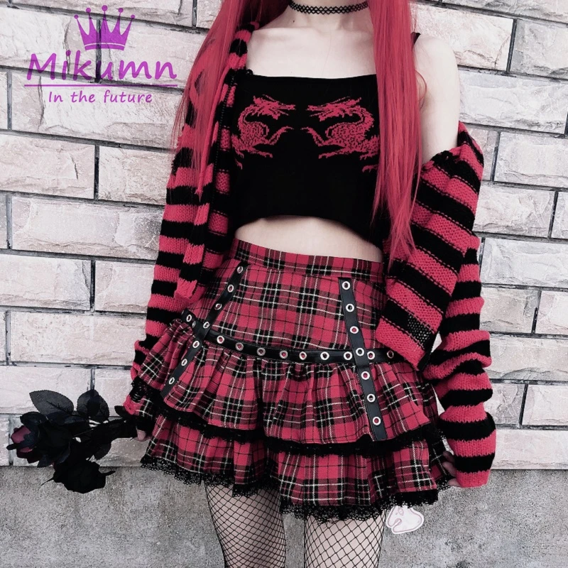 Falda plisada roja estilo Harajuku japonés para niñas, minifalda de pastel Lolita, vestido de baile Punk, ropa de calle elegante|Faldas| - AliExpress