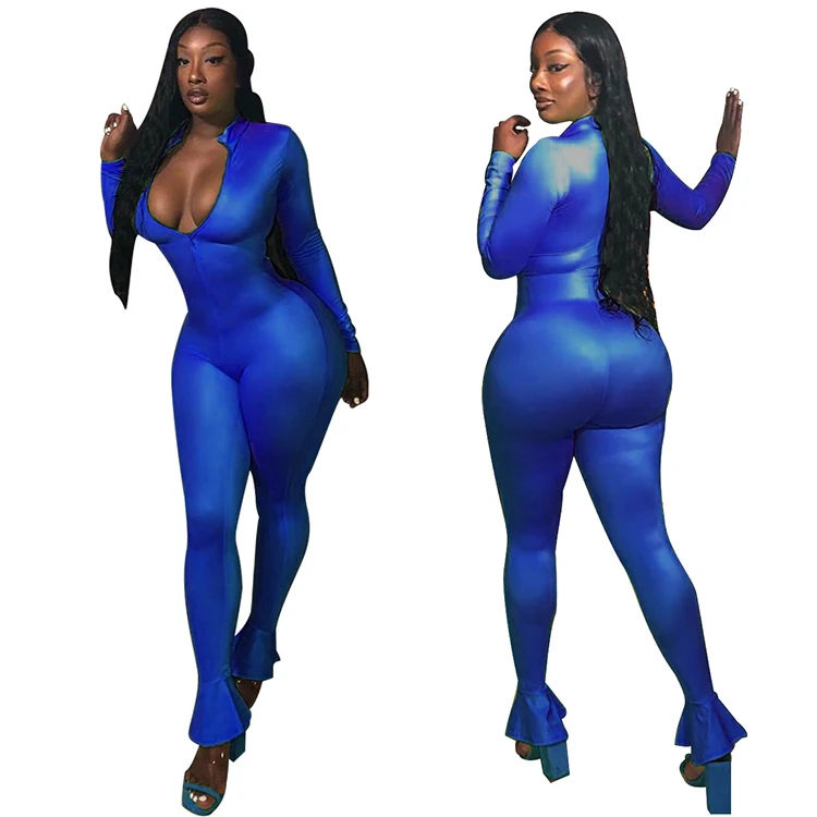 A110548 cheap apparel solid color zipper long sleeve ruffle feet hem Jumpsuit Clothing Woman Clothes