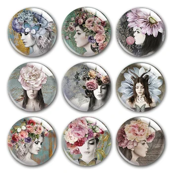 

Beauty girl glass cabochon,Beauty girl and flower Young lady Plants Round photo glass cabochon demo flat back Making findings