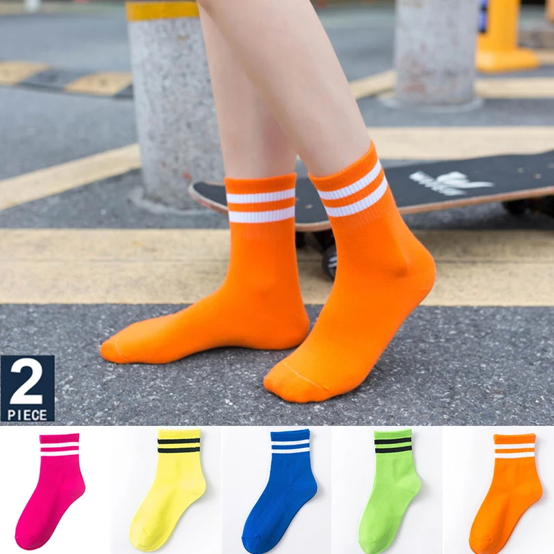 2 Pairs/Set Women Cotton Long Tube Socks Fluorescent Color