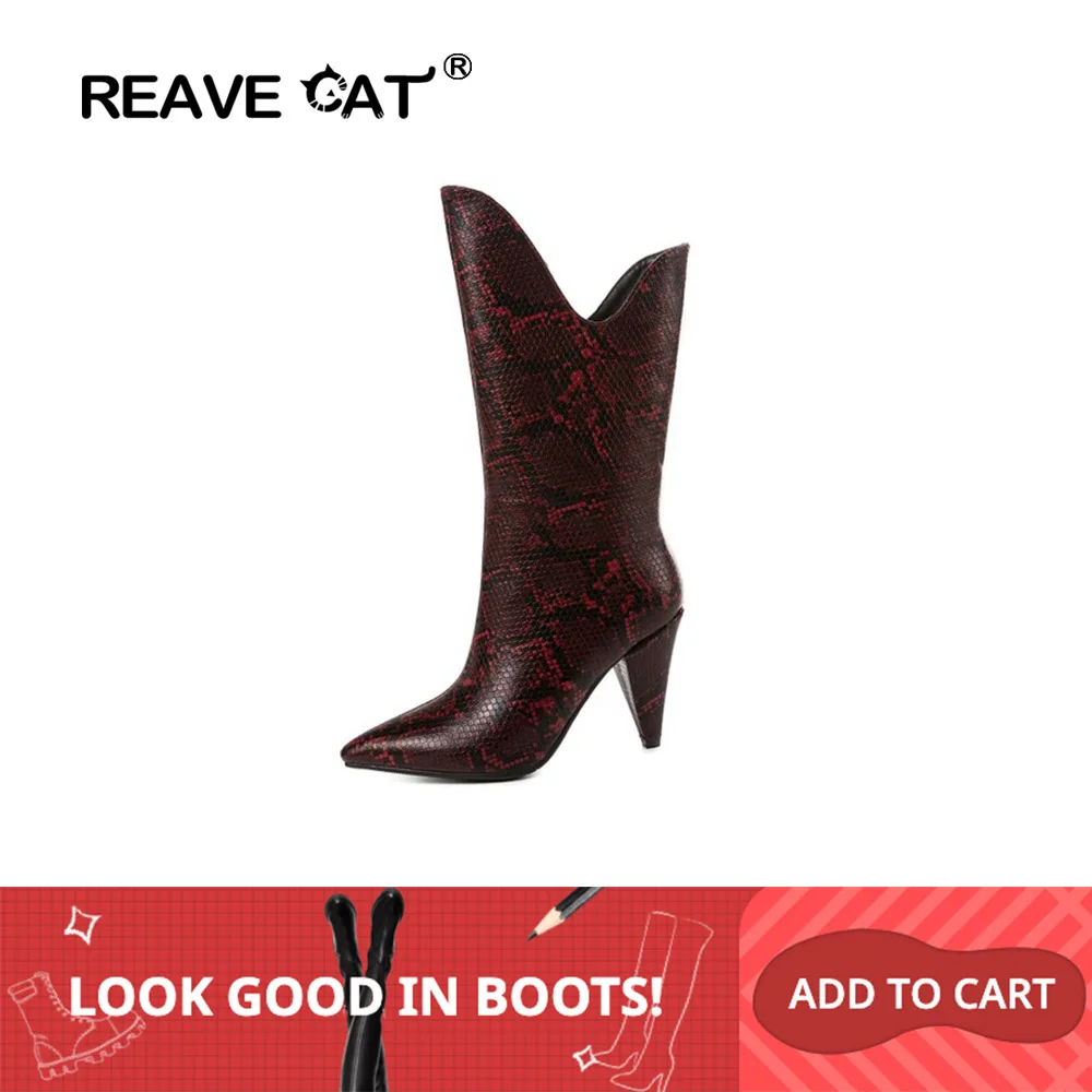 Женские ботинки до середины икры REAVE CAT зимние рабочие со змеиным принтом