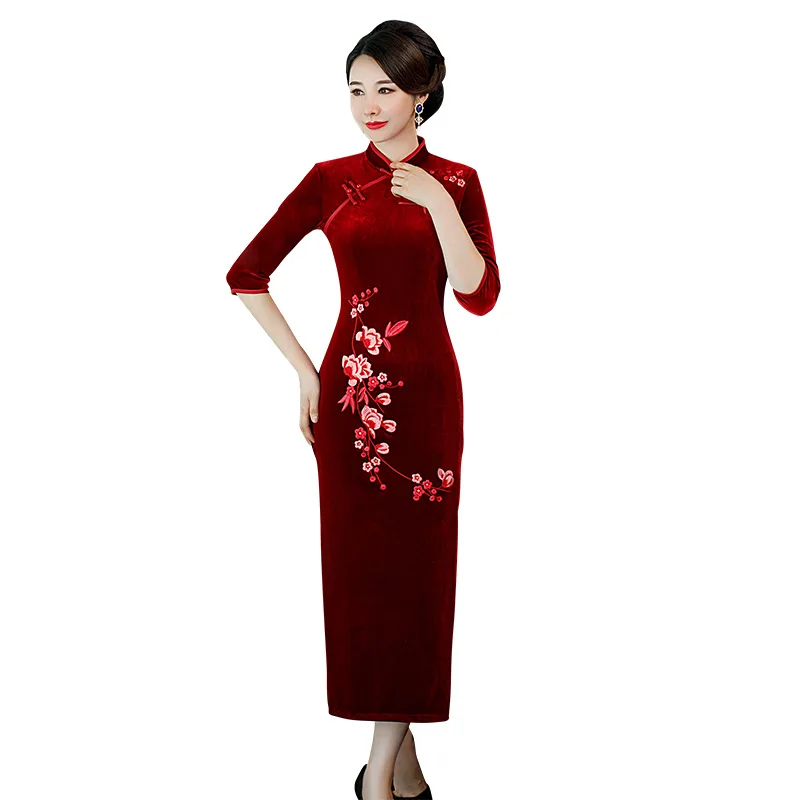 Большой Размер 3XL 4XL осеннее Новое поступление винтажное вышитое Cheongsam сексуальное женское официальное длинное платье с цветочным принтом велюровое Qipao