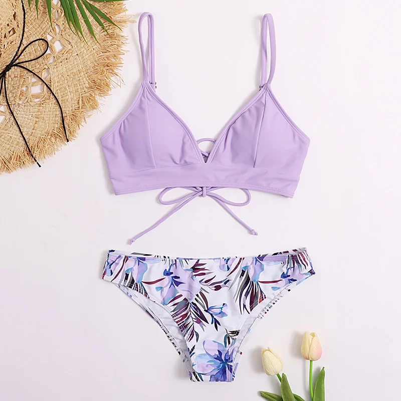 

Purple Bikini Sets 2021 Mujer Retro Swimsuit Two Pieces Lace Up Swimwear Women Bathers Push Up Biquini Cute Bathing Suit Summer