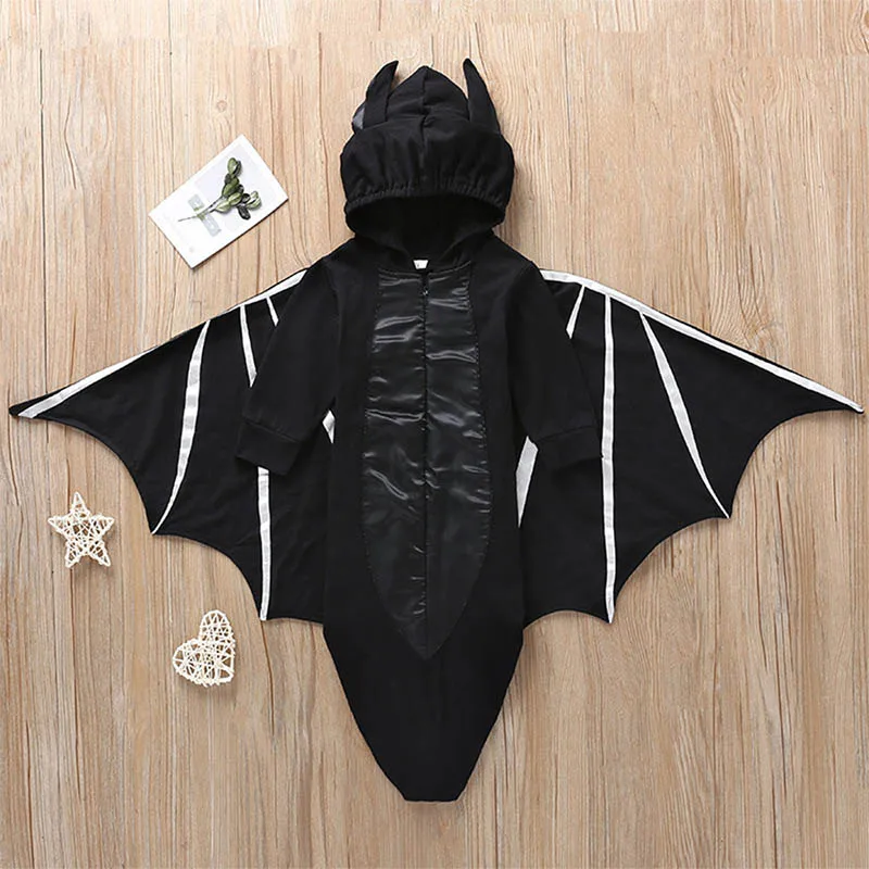 Осенний Детский комбинезон на Хэллоуин с рисунком летучей мыши для маленьких мальчиков и девочек; Детский комбинезон с капюшоном и длинными рукавами; комплекты для новорожденных