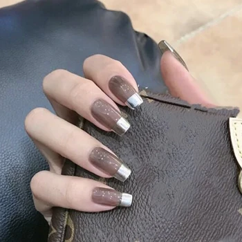 

24pcs Punk Style False Nail Tips Acrylic French Semi-Transparent Fake Nails with Silver Glitter Ladies Full Nail Tips Square