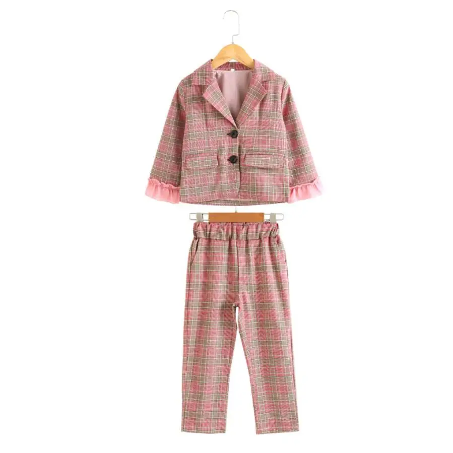 

Girls baby plaid sets 2019 sping autumn new mesh patchwork long sleeve coats + pants 2 pcs suits for children kids sets ws1107