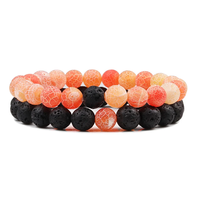 Hot 2pcs/set Tiger Eye Stone Couples Distance Bracelet Yoga Black Lava Malachite Beaded Bracelet Men Women Charm Strand Jewelry - Окраска металла: Orange Weathered