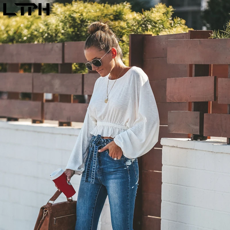 

Kpop Limited Polyester Spandex Knitted Korean 2019 Hot Big Round Neck Loose High Waist Exposed Navel T-shirt Women's Supply