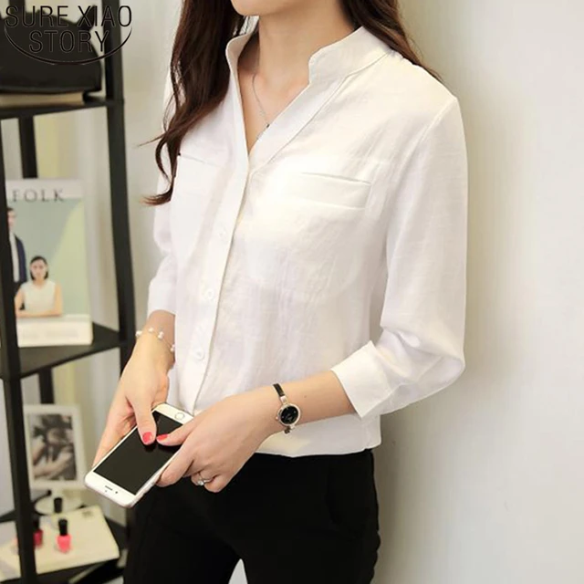 Camisa blanca de manga tres cuartos para mujer, blusas de algodón y lino,  moda coreana para oficina, 18098 - AliExpress