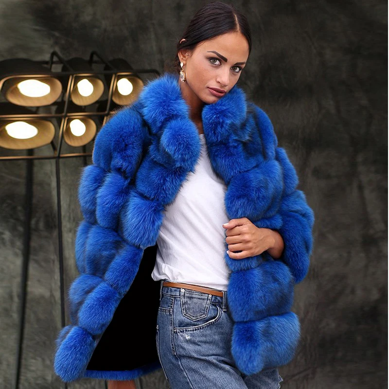 Модная ярко-синяя шуба из натурального Лисьего меха стоячий воротник натуральный оптовый синий лисий мех куртка для женщин зимнее роскошное пальто