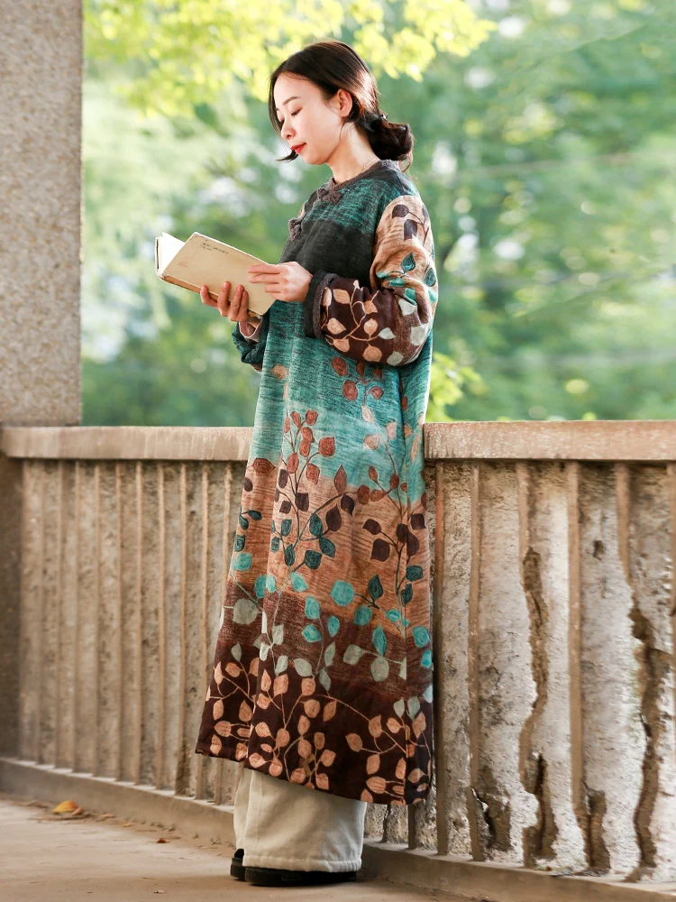 LZJN Women's Ethnic Winter Dress Vintage Chinese Style Soft Fleece Lined Warm Thicken Printed Maxi Coat Pullover with Pockets  (10)