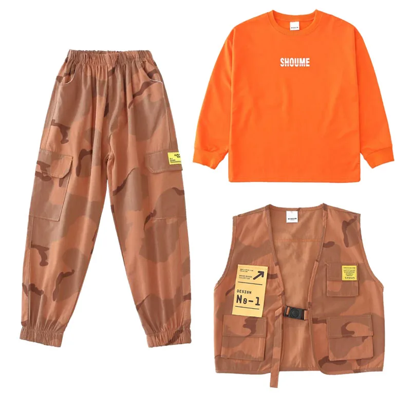 3 pcs set Одежда для танцев в стиле джаз и хип-хоп для мальчиков и девочек; оранжевый Камуфляжный костюм для детей и взрослых; Современные вечерние комплекты одежды; жилет с капюшоном и штаны - Цвет: 3 pcs set