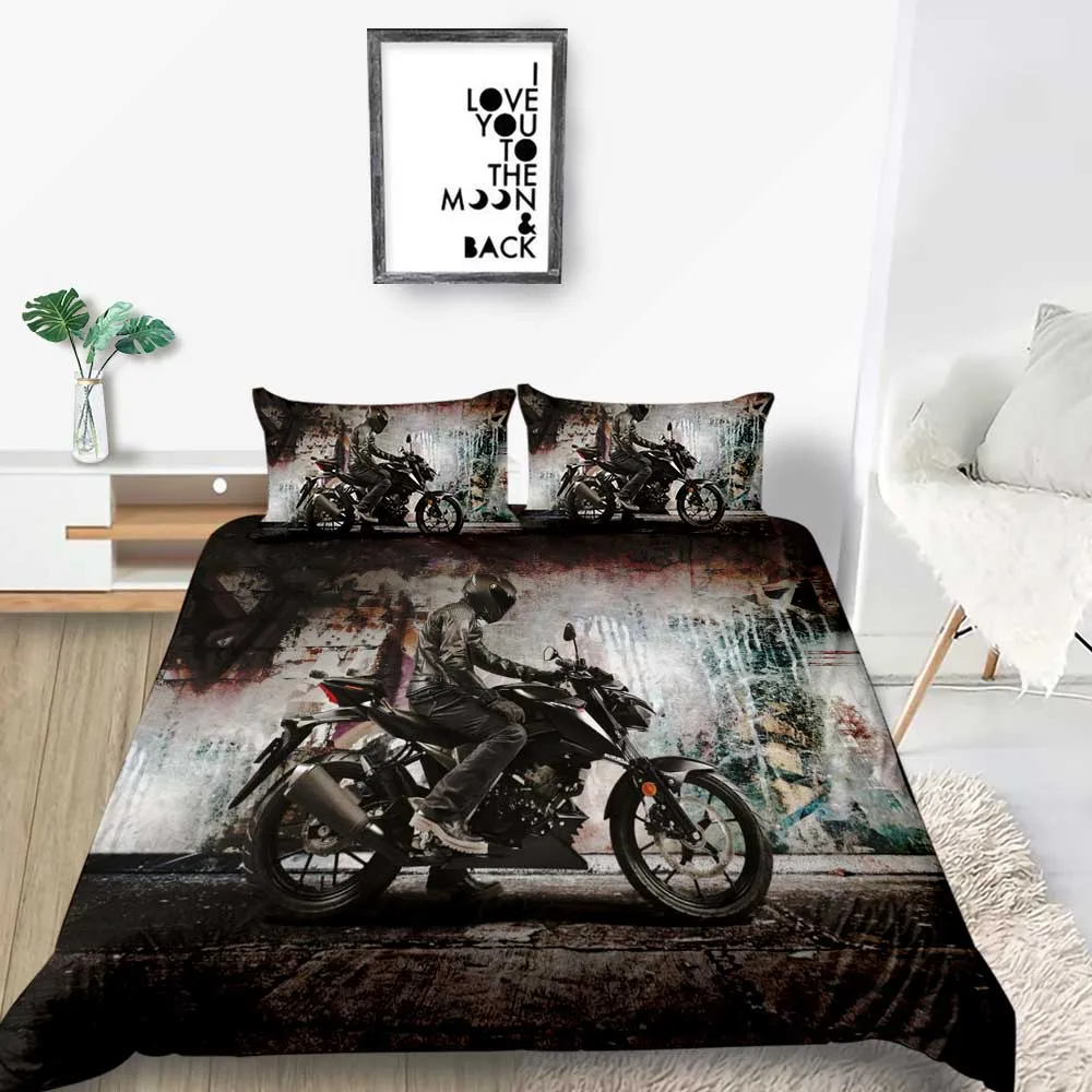 Motorcyclist Bedding Set Single Cool Fashionable Duvet Cover Street Style King Queen Twin Full Double Unique Design Bed | Дом и сад