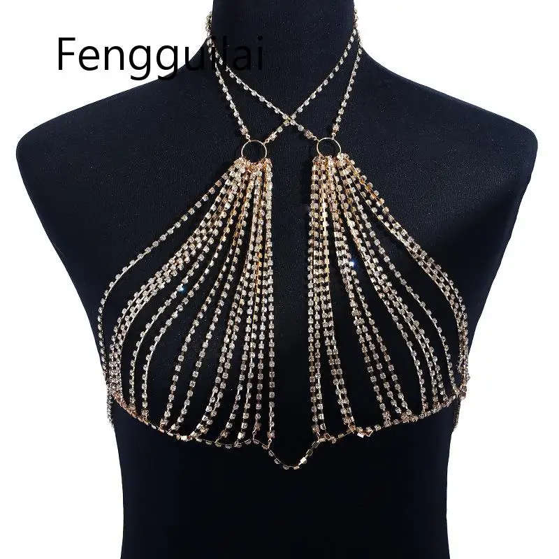 Gold FENGGUILAI, сексуальный бюстгальтер на бретельках, ручная работа, стразы, блестящий, летний, блестящий, пляжный, без косточек, вечерние, для клуба, золотой, металлический, с бриллиантами, бюстгальтер - Цвет: Gold