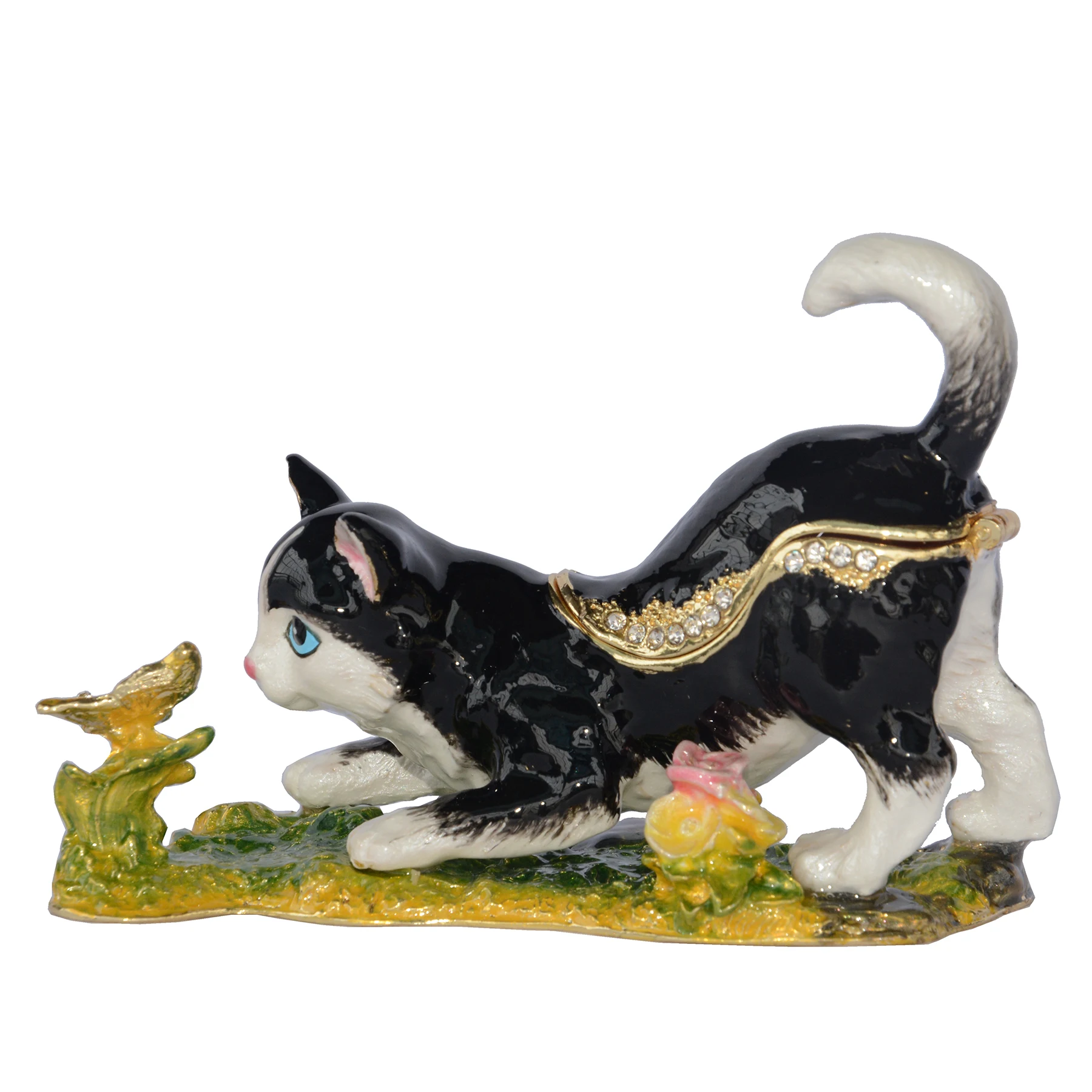 Elegant Butterfly Trinket Box with Cat Figurine - Perfect Collectible Gift
