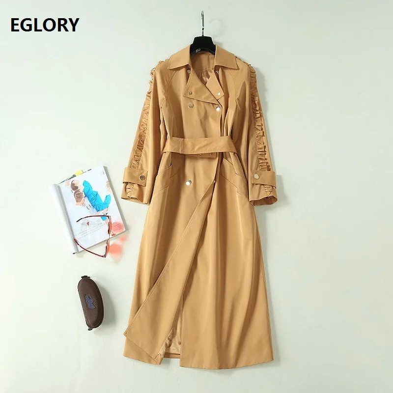 

High Quality New 2019 Autumn Long Trench Coat Women Turn-down Collar Covered Button Ruffle Sleeve Medium Long Coat Windbreaker