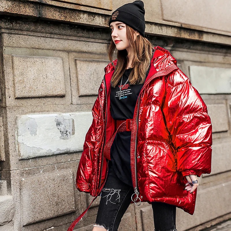 Red Fashion Large Glossy Cotton Comfortable Jacket Women Hooded Thicken Winter Short parka Students blue Outerwear Coats LY01 - Цвет: Red