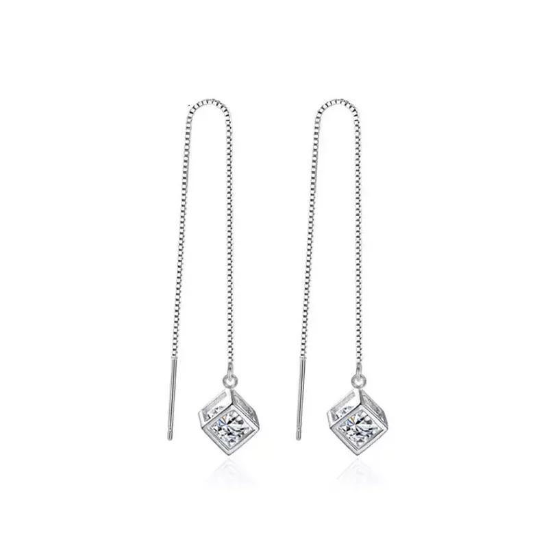 

Elegant Fashion 925 Sterling Silver Cube Love Window Zircon Sugar Drop Earrings Box Chain Long Tassel Earrings S-E238