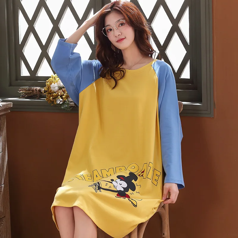 

6124 # Lettered Mi Odd Pullover YD Long Sleeve Korean-style Sweet Pajamas Nightgown Homewear Set Plus-sized