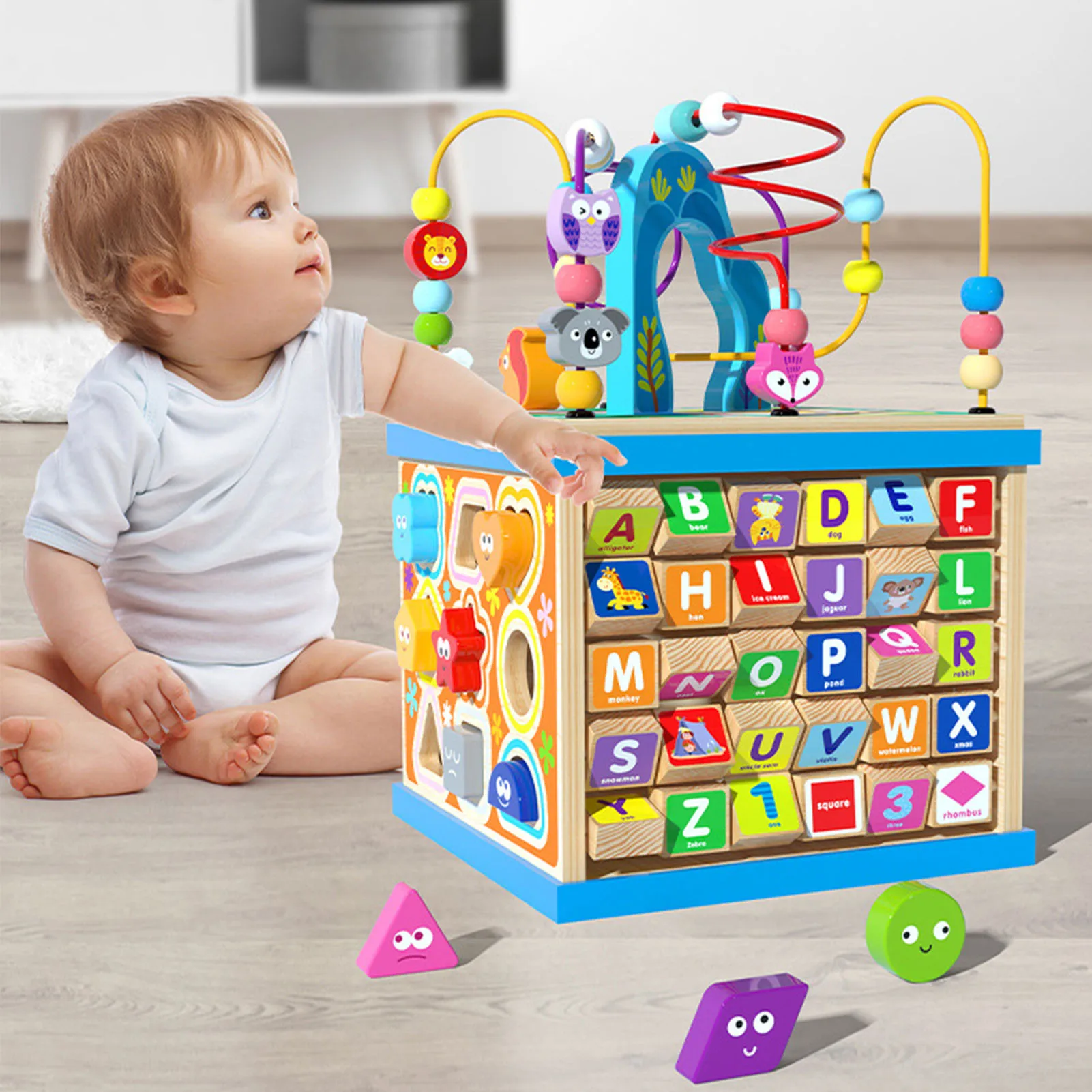 Wooden Bead Maze Activity Play Cube Activity Center Learn Puzzle Toy Colorful Wooden Bead Maze Roller Coaster Activity Cube Toys 6