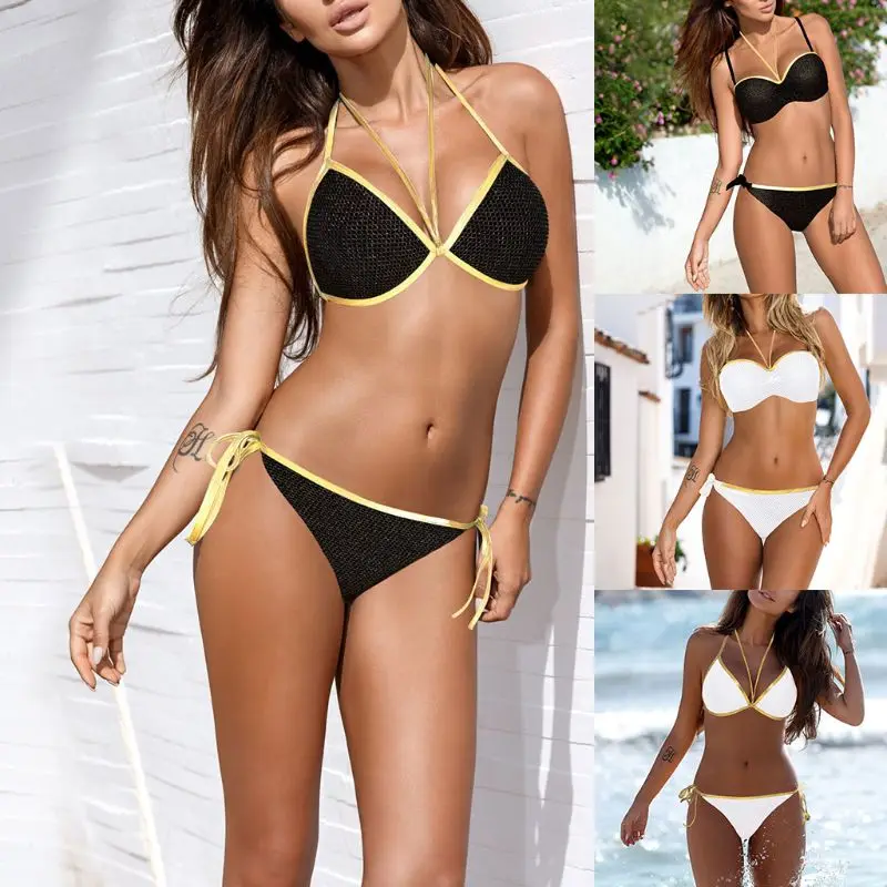 

Two Piece Bikini Set Padded Strappy Halter Bra Glitter Gold Faux Leather Brim Side Tie Knot Mesh Patchwork Thong Solid Color